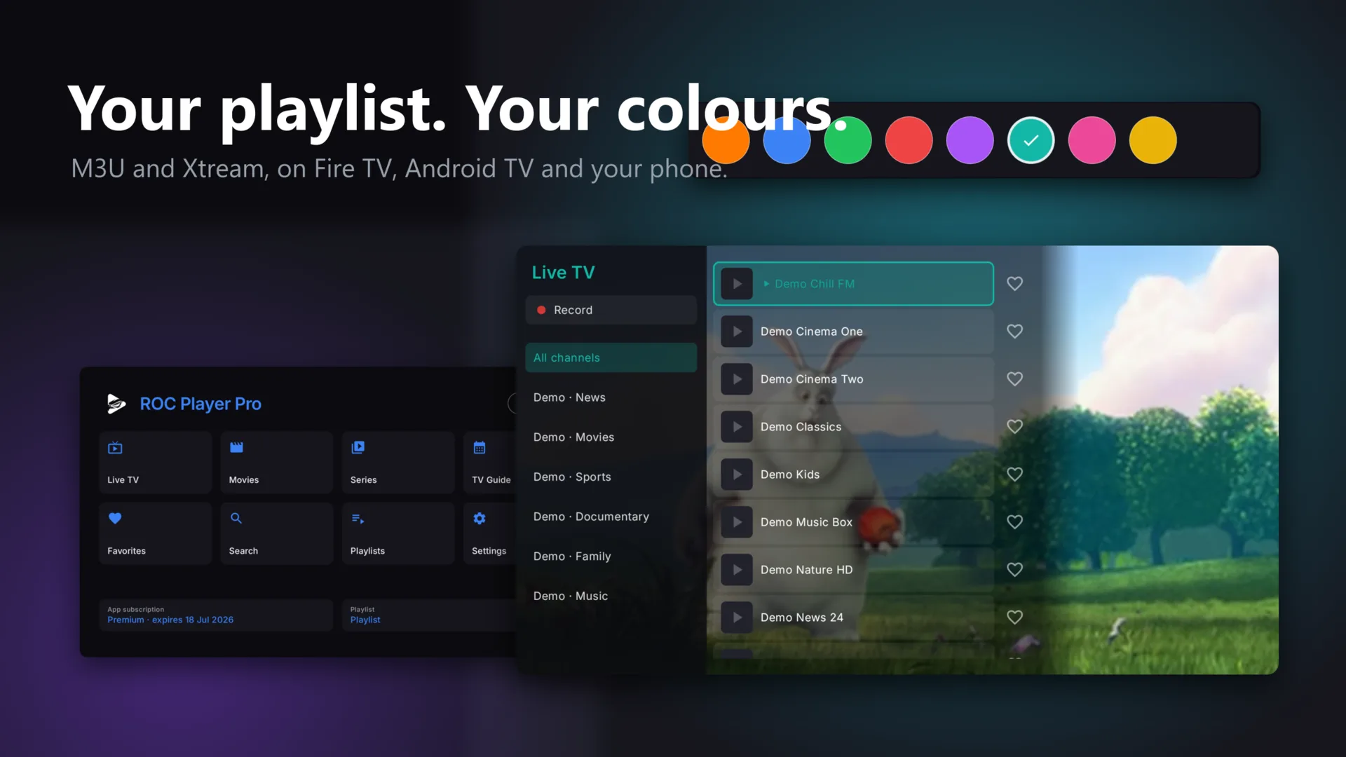 ROC Player Pro on Fire TV: the Live TV channel list over playing video, with the accent-colour picker open